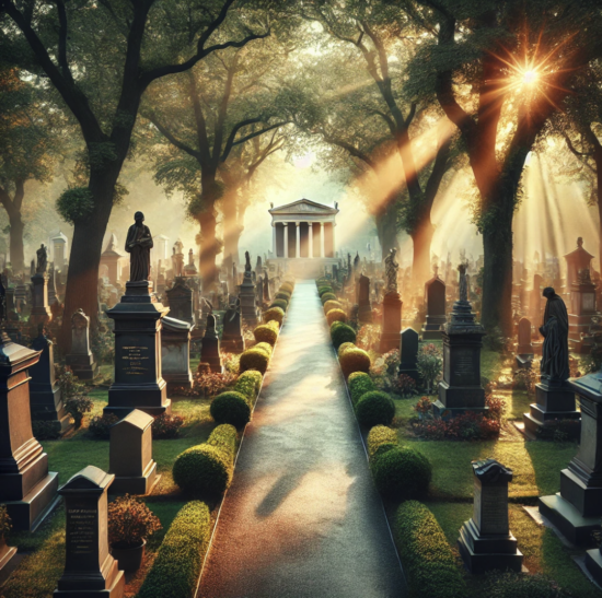 A serene view of Zentralfriedhof in Vienna, featuring grand tombstones and tree-lined pathways in the city’s largest cemetery.